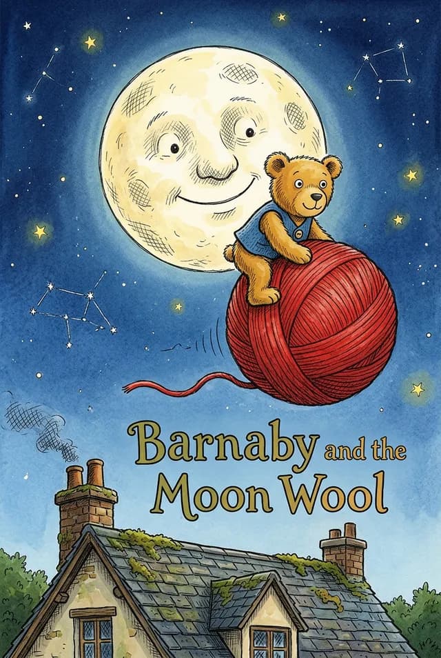 Cover of Barnaby and the Moon Wool: a teddy bear rides a red ball of wool past a smiling moon